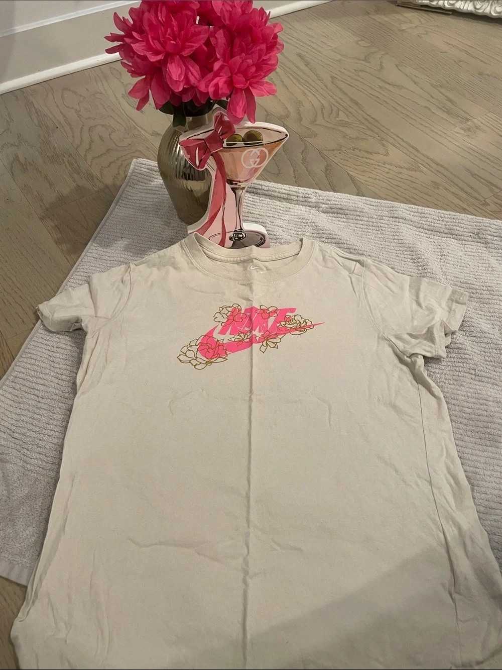 Nike Cream Tee with Pink Floral Swoosh